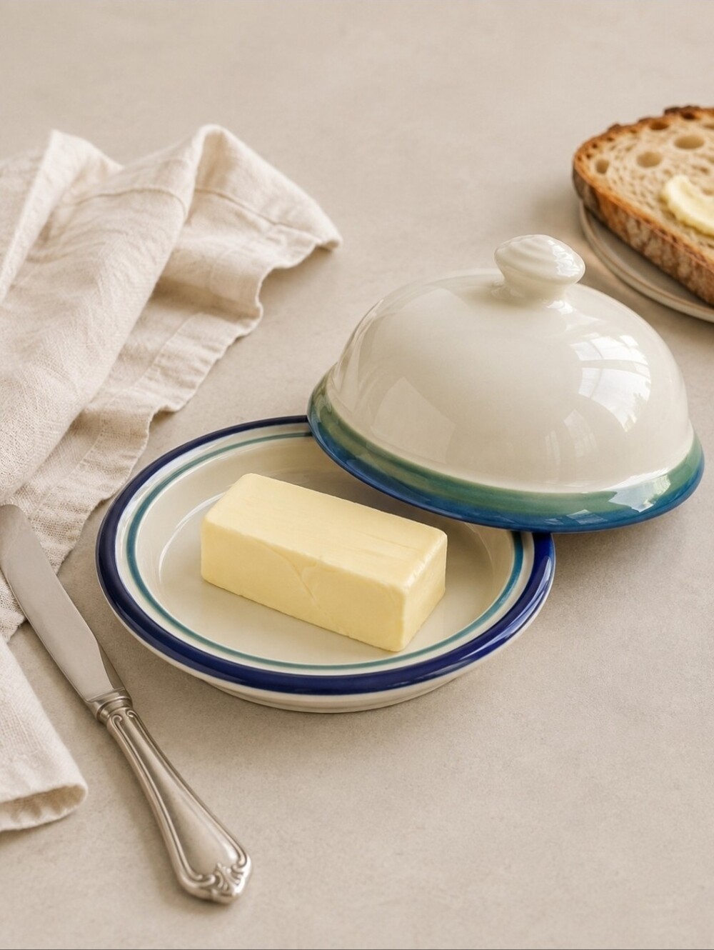 Pfaltzgraff Ocean Breeze Round Covered Butter Dish Vintage USA Stoneware